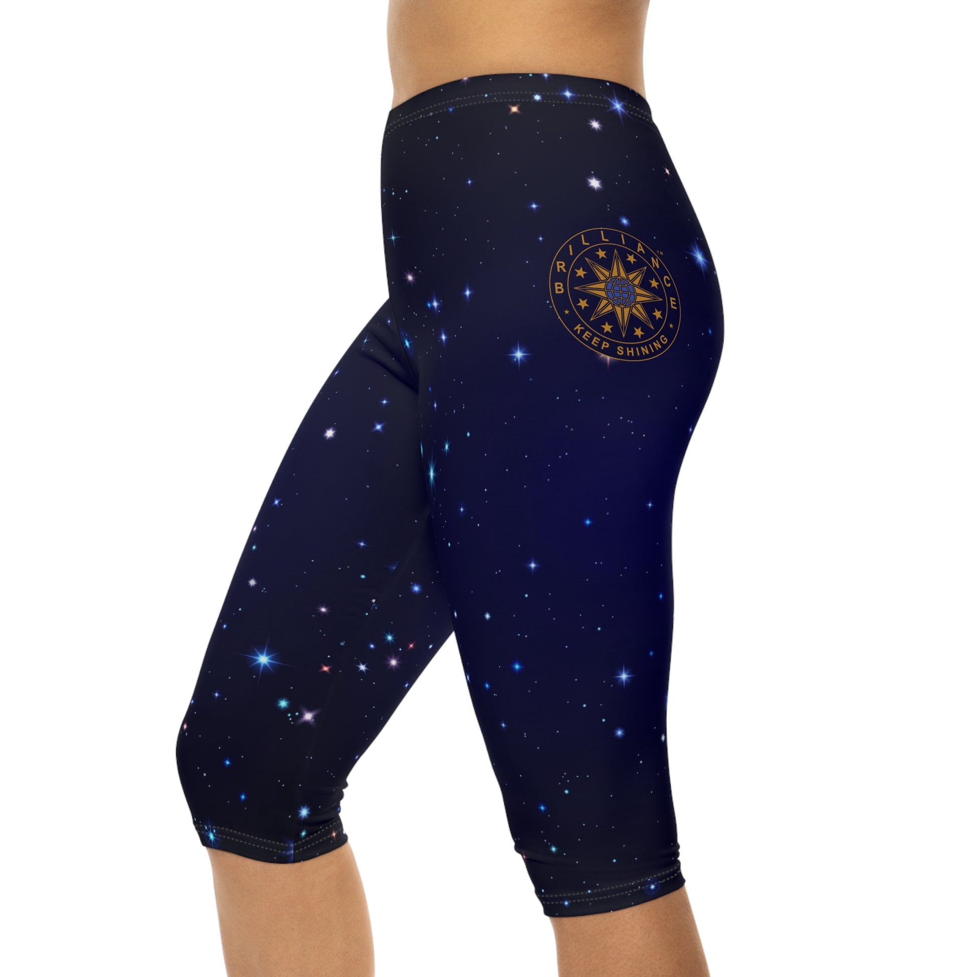 Brilliance Women’s Capri Leggings with Starry Night Print and Logo Left Side with Model
