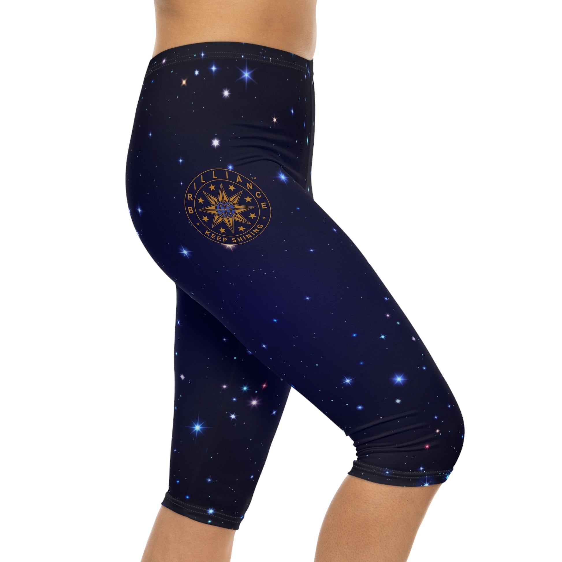 Brilliance Women’s Capri Leggings with Starry Night Print and Logo Right Side with Model