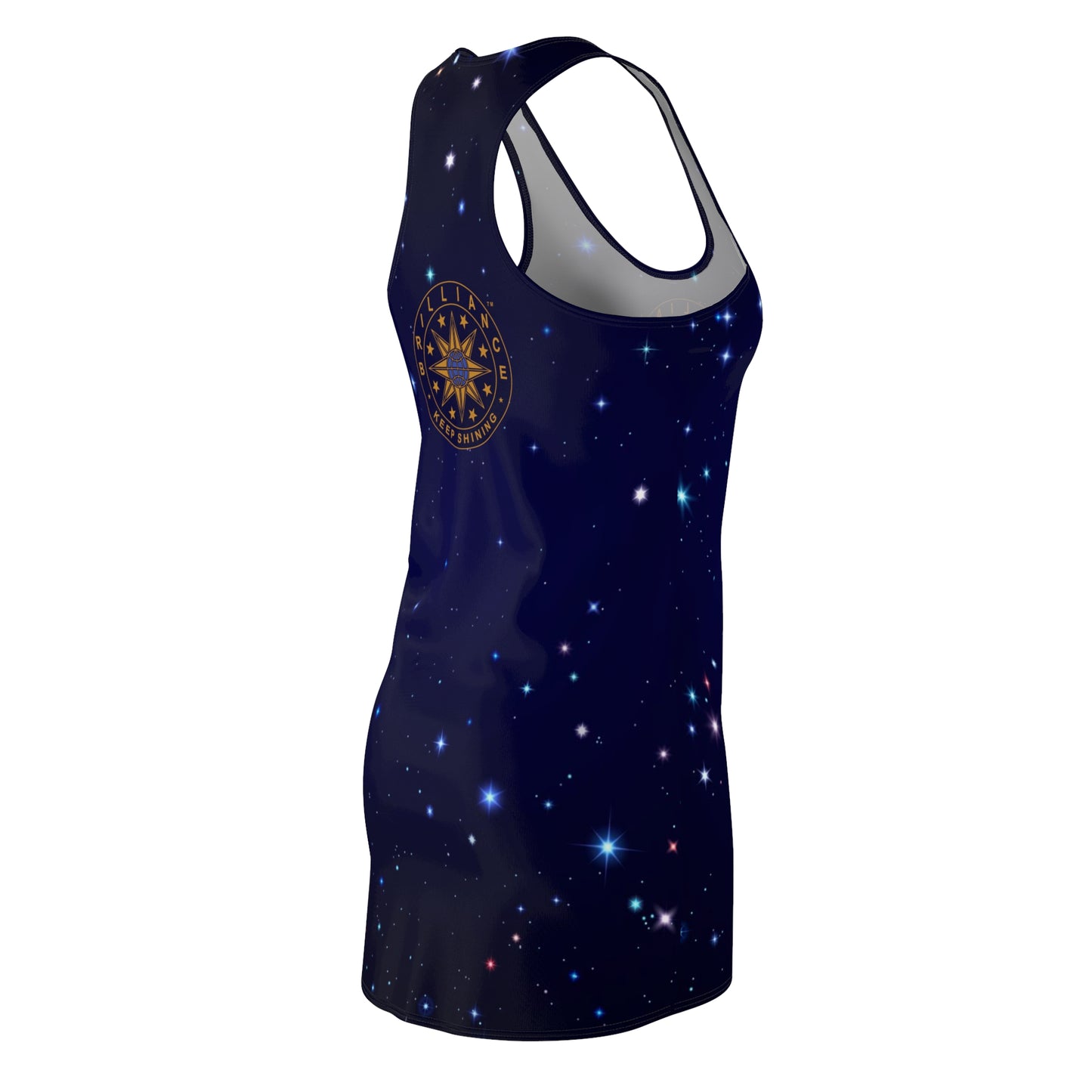 Brilliance Women's Cut & Sew Racerback Dress with Starry Night Print and Logo Back Right Side