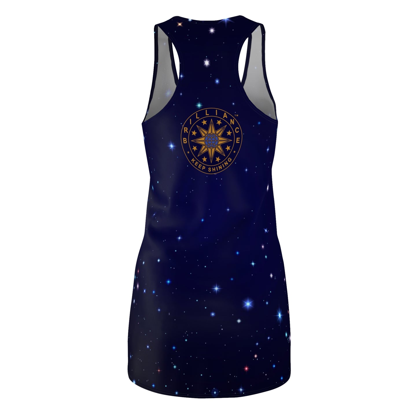 Brilliance Women's Cut & Sew Racerback Dress with Starry Night Print and Logo Back Side