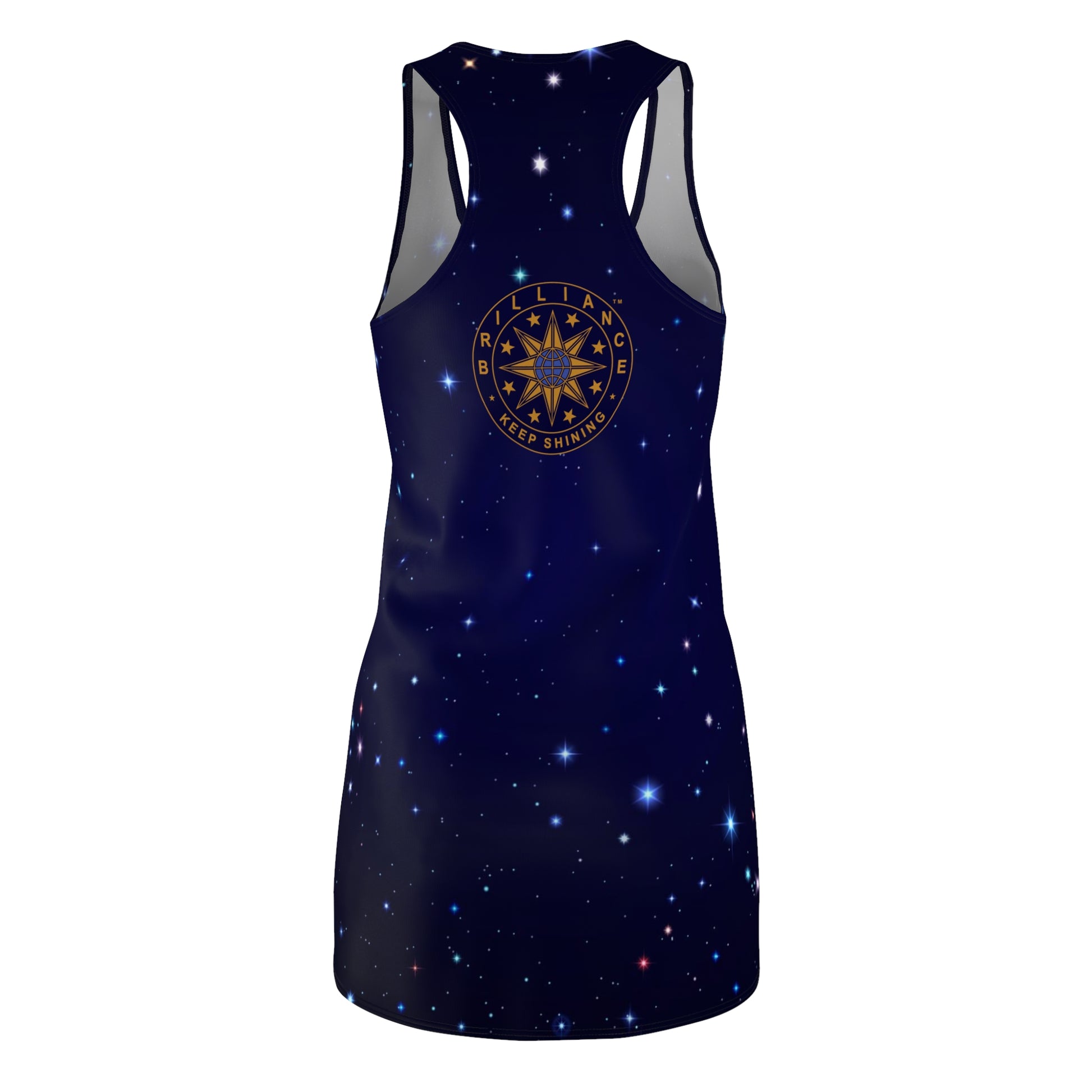 Brilliance Women's Cut & Sew Racerback Dress with Starry Night Print and Logo Back Side
