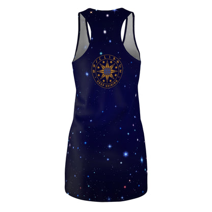 Brilliance Women's Cut & Sew Racerback Dress with Starry Night Print and Logo Back Side
