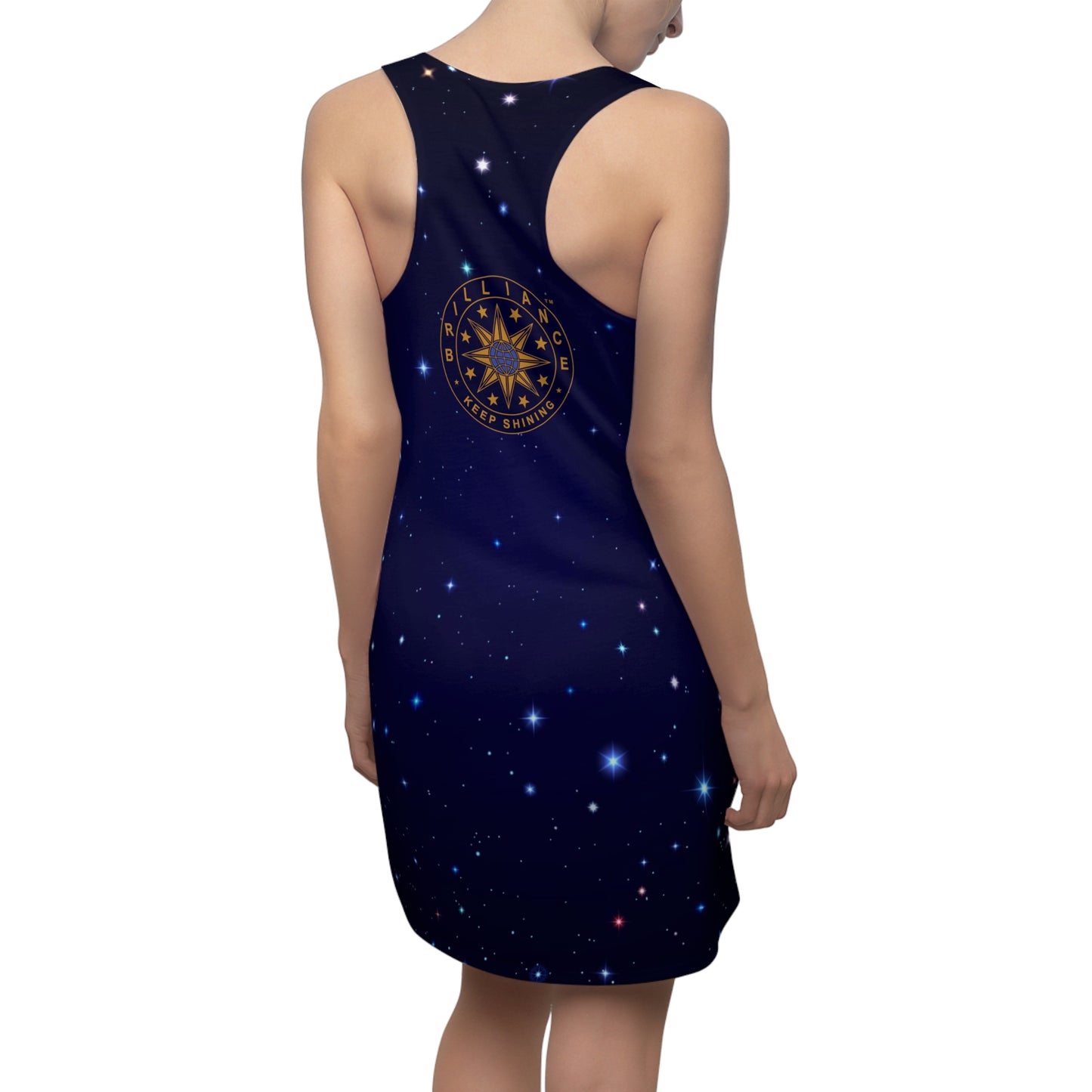 Brilliance Women's Cut & Sew Racerback Dress with Starry Night Print and Logo Back Side with Model