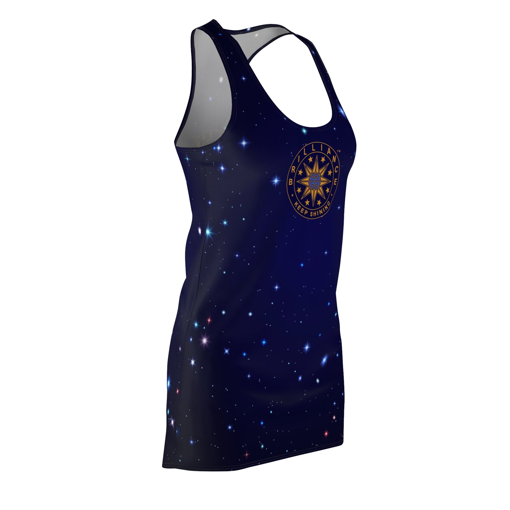 Brilliance Women's Cut & Sew Racerback Dress with Starry Night Print and Logo Front Right Side