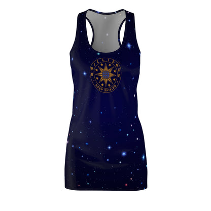 Brilliance Women's Cut & Sew Racerback Dress with Starry Night Print and Logo Front Side