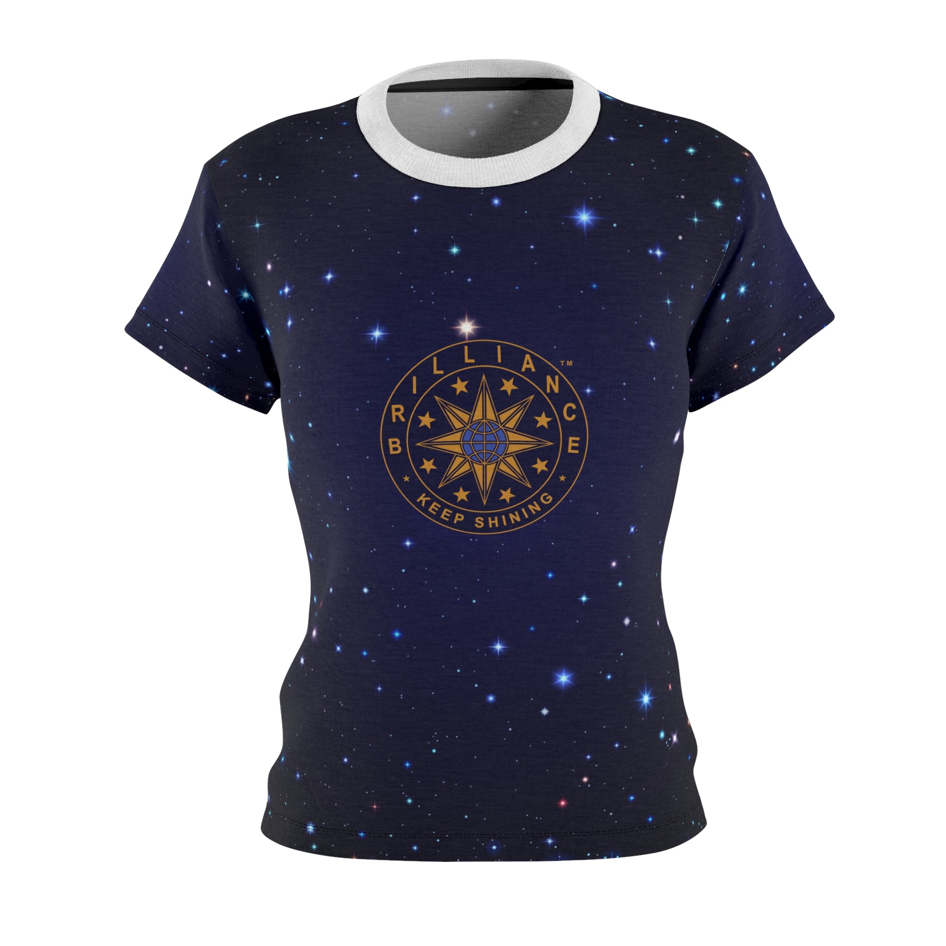 Brilliance Women's Cut & Sew Tee with Starry Night Print and Logo Black Stitching Front Side