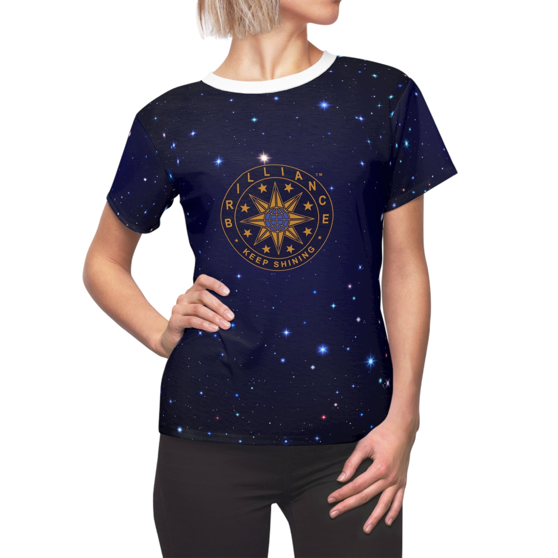 Brilliance Women's Cut & Sew Tee with Starry Night Print and Logo Black Stitching Front Side with Model
