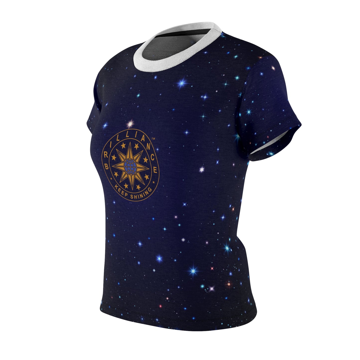 Brilliance Women's Cut & Sew Tee with Starry Night Print and Logo Black Stitching Left Side