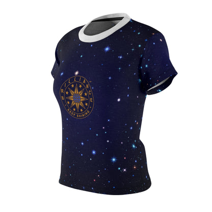 Brilliance Women's Cut & Sew Tee with Starry Night Print and Logo Black Stitching Left Side