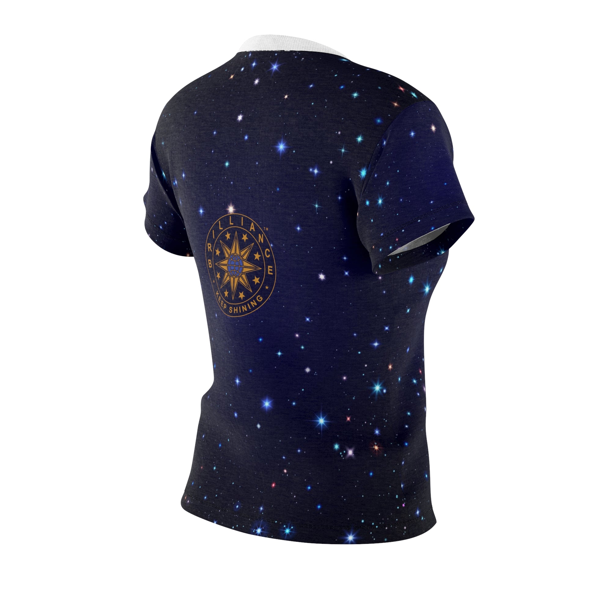 Brilliance Women's Cut & Sew Tee with Starry Night Print and Logo Black Stitching Right Side