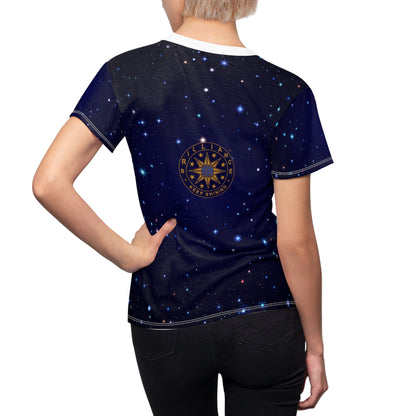 Brilliance Women's Cut & Sew Tee with Starry Night Print and Logo White Stitching Back Side with Model