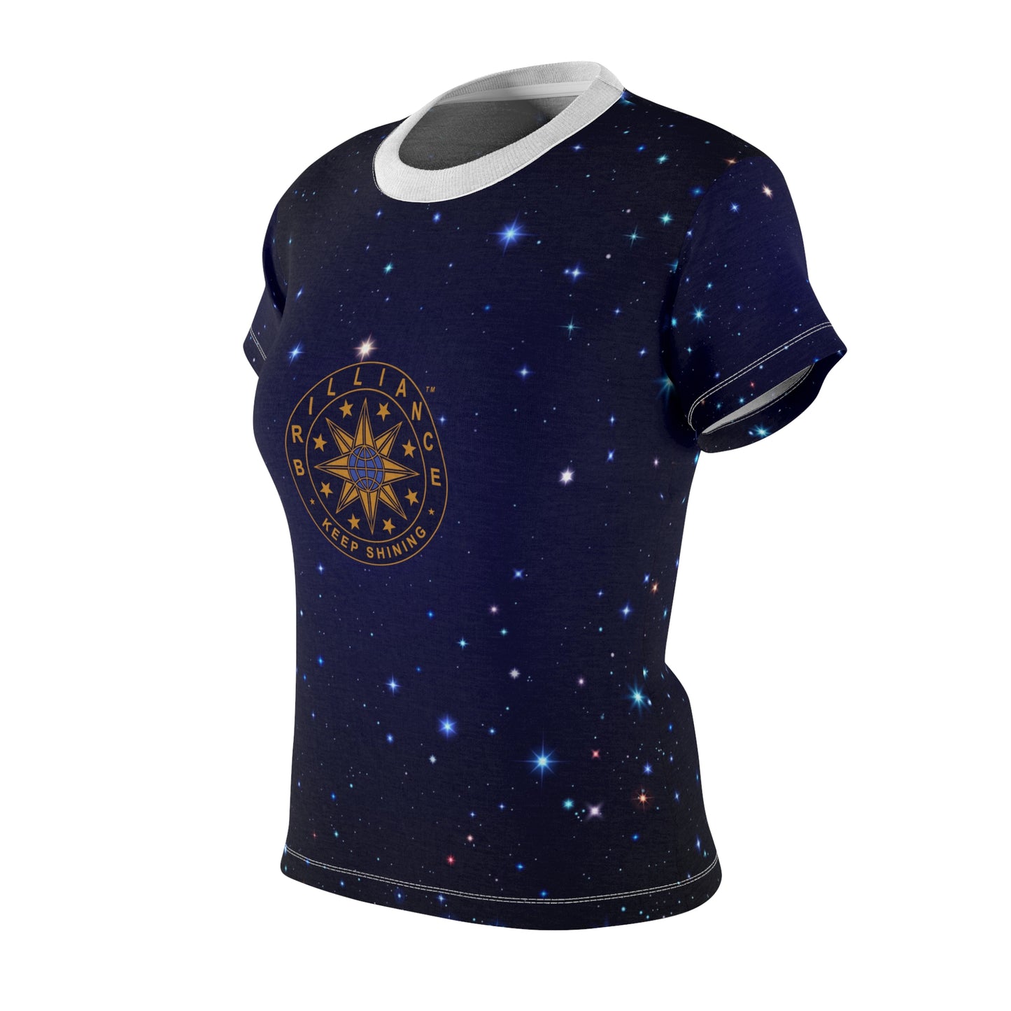 Brilliance Women's Cut & Sew Tee with Starry Night Print and Logo White Stitching Left Side