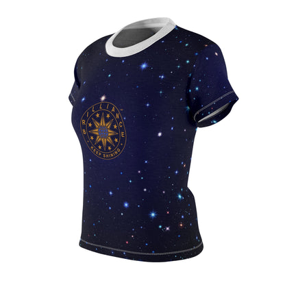 Brilliance Women's Cut & Sew Tee with Starry Night Print and Logo White Stitching Left Side