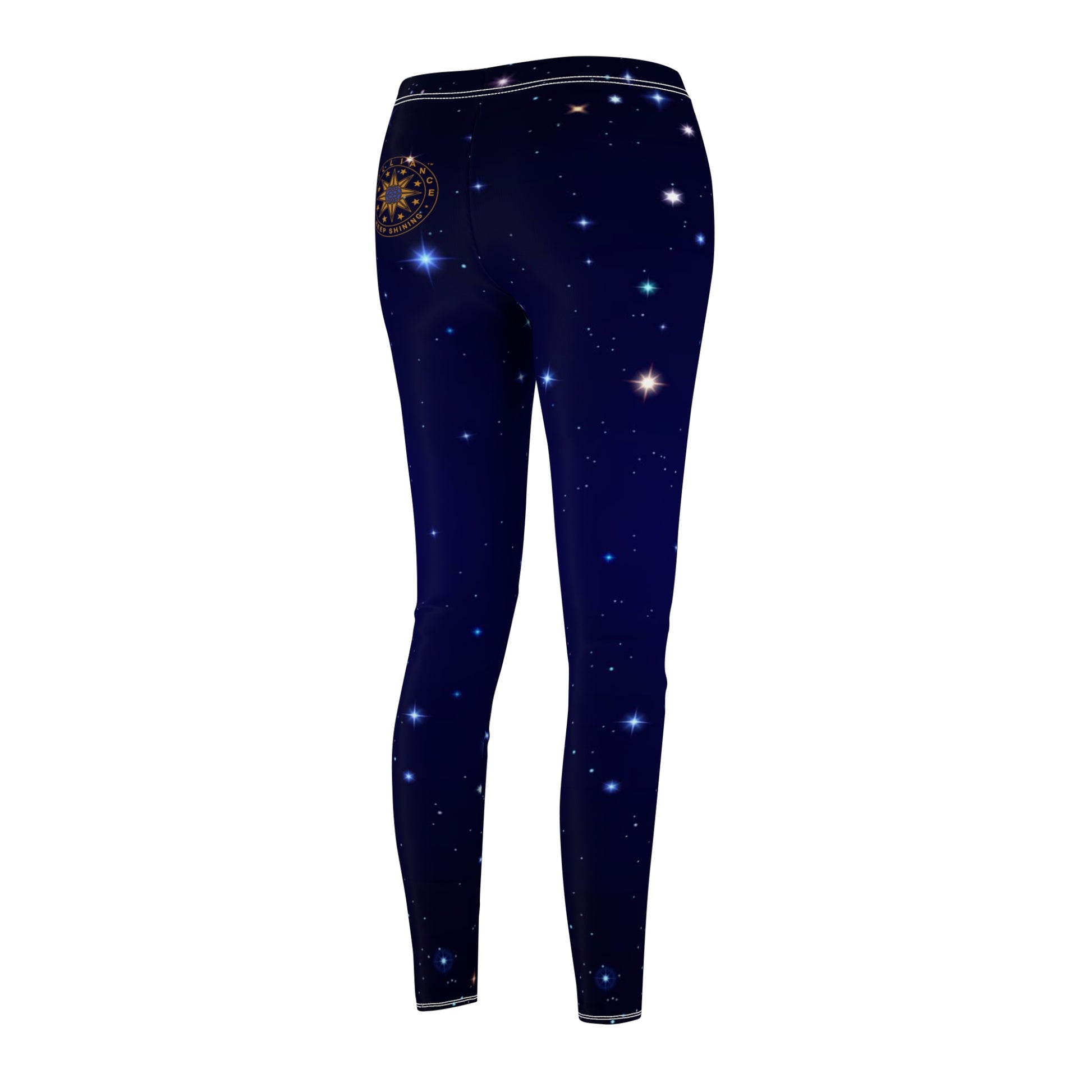 Brilliance Women's Leggings w/ Starry Night Print & Logo Angle View of Backside