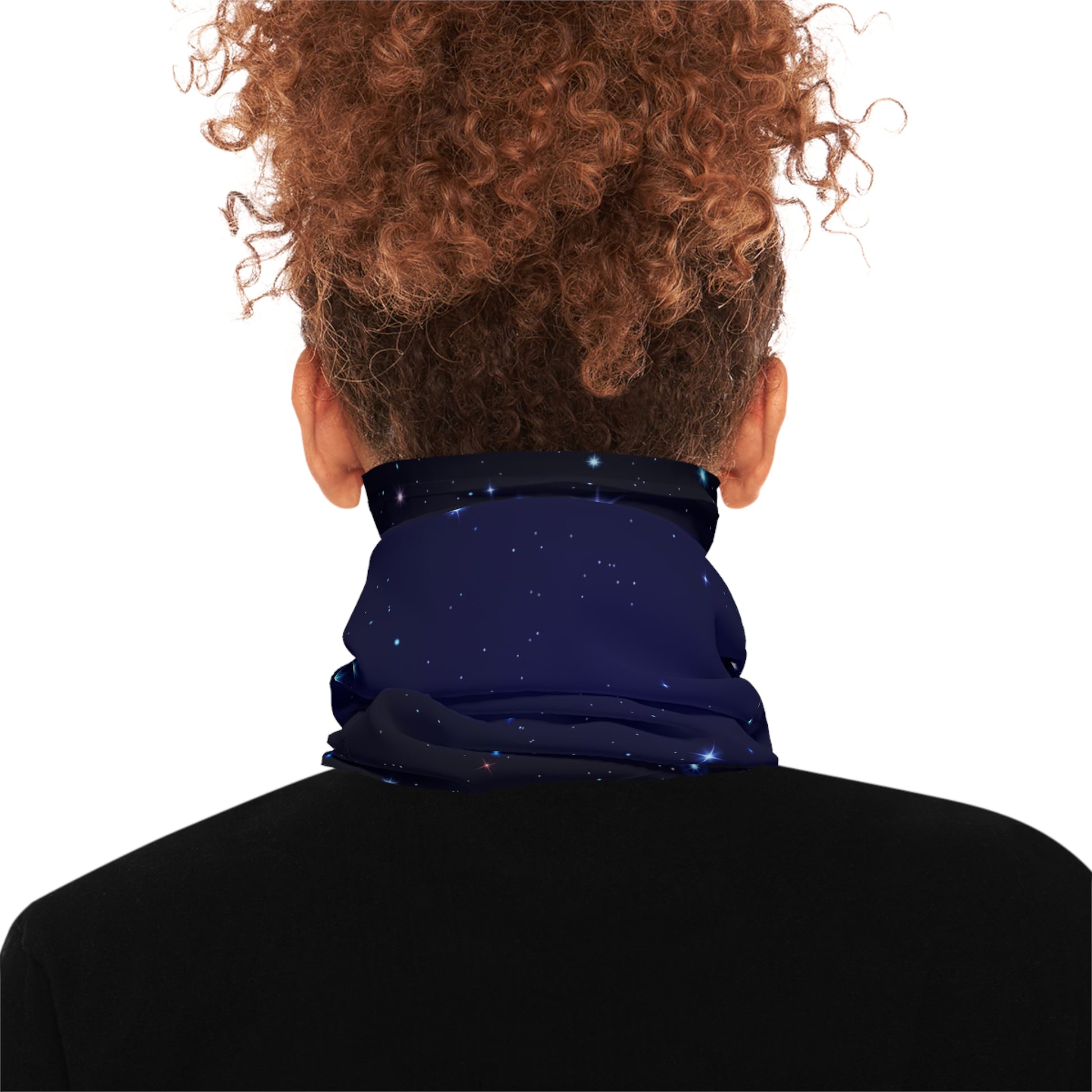 Brilliance Women's Lightweight Neck Gaiter with Starry Night Print and Logo Back Side with Model