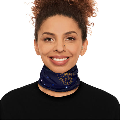 Brilliance Women's Lightweight Neck Gaiter with Starry Night Print and Logo Down Front Side with Model