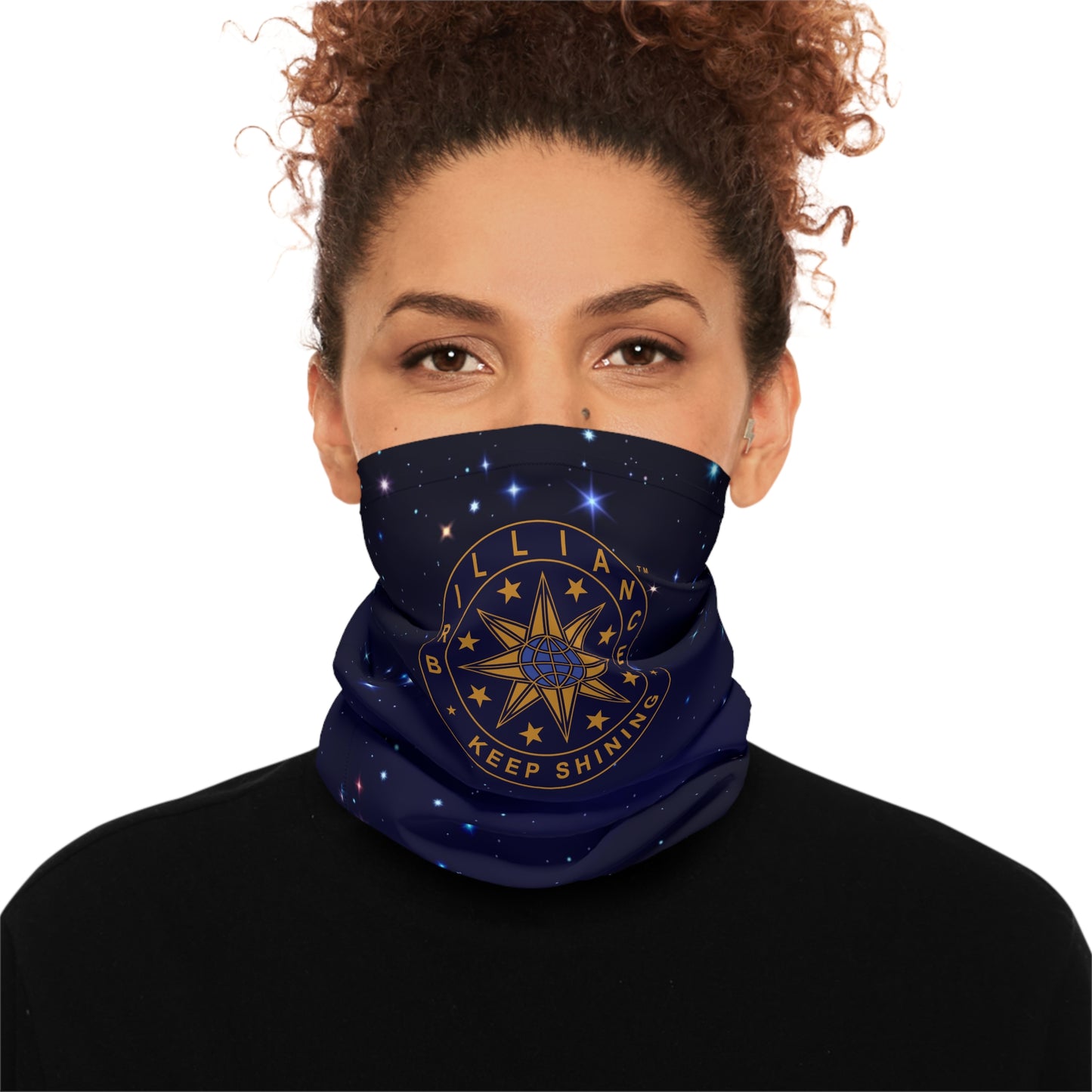 Brilliance Women's Lightweight Neck Gaiter with Starry Night Print and Logo Front Side with Model