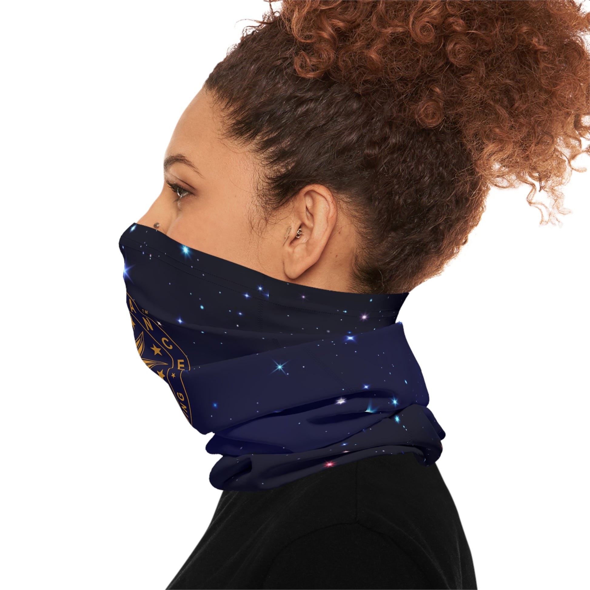 Brilliance Women's Lightweight Neck Gaiter with Starry Night Print and Logo Left Side with Model