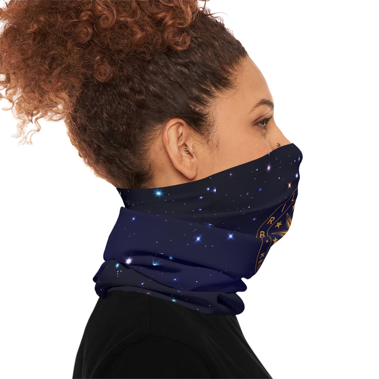 Brilliance Women's Lightweight Neck Gaiter with Starry Night Print and Logo Right Side with Model