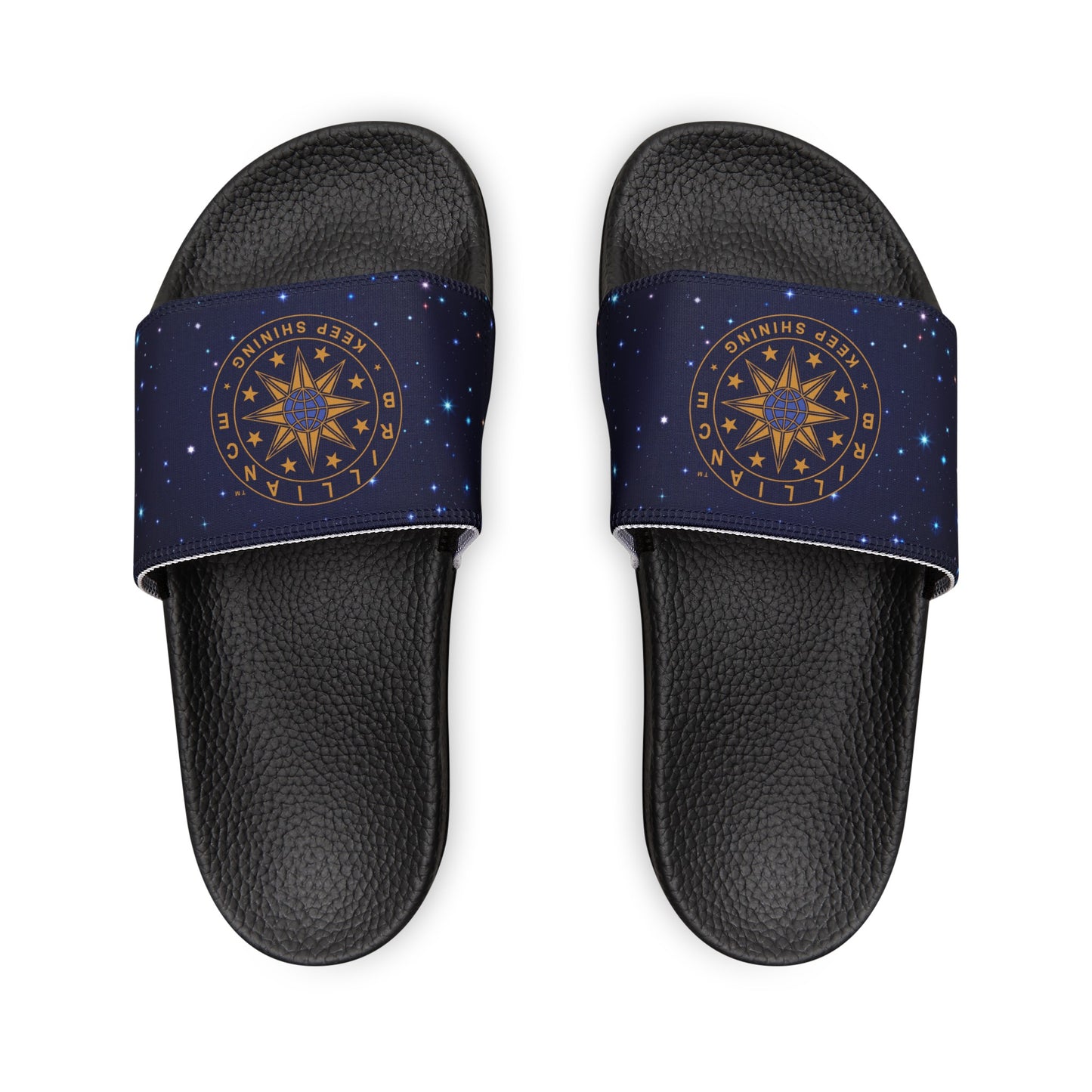 Brilliance Women's PU Slide Sandals with Starry Night Print and Logo Black Outsole Front