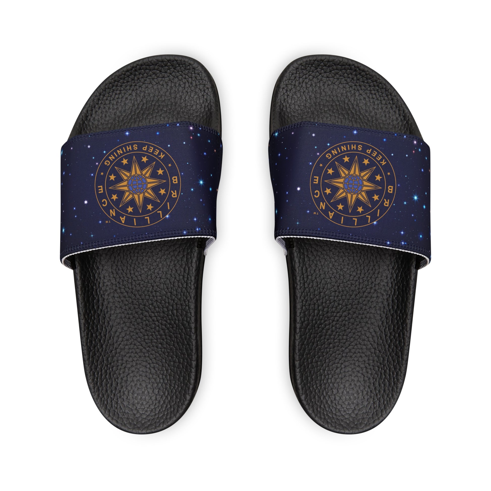 Brilliance Women's PU Slide Sandals with Starry Night Print and Logo Black Outsole Front