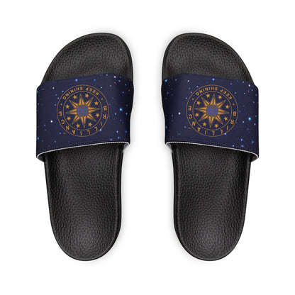 Brilliance Women's PU Slide Sandals with Starry Night Print and Logo Black Outsole Front