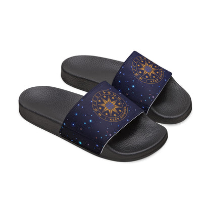 Brilliance Women's PU Slide Sandals with Starry Night Print and Logo Black Outsole Slant