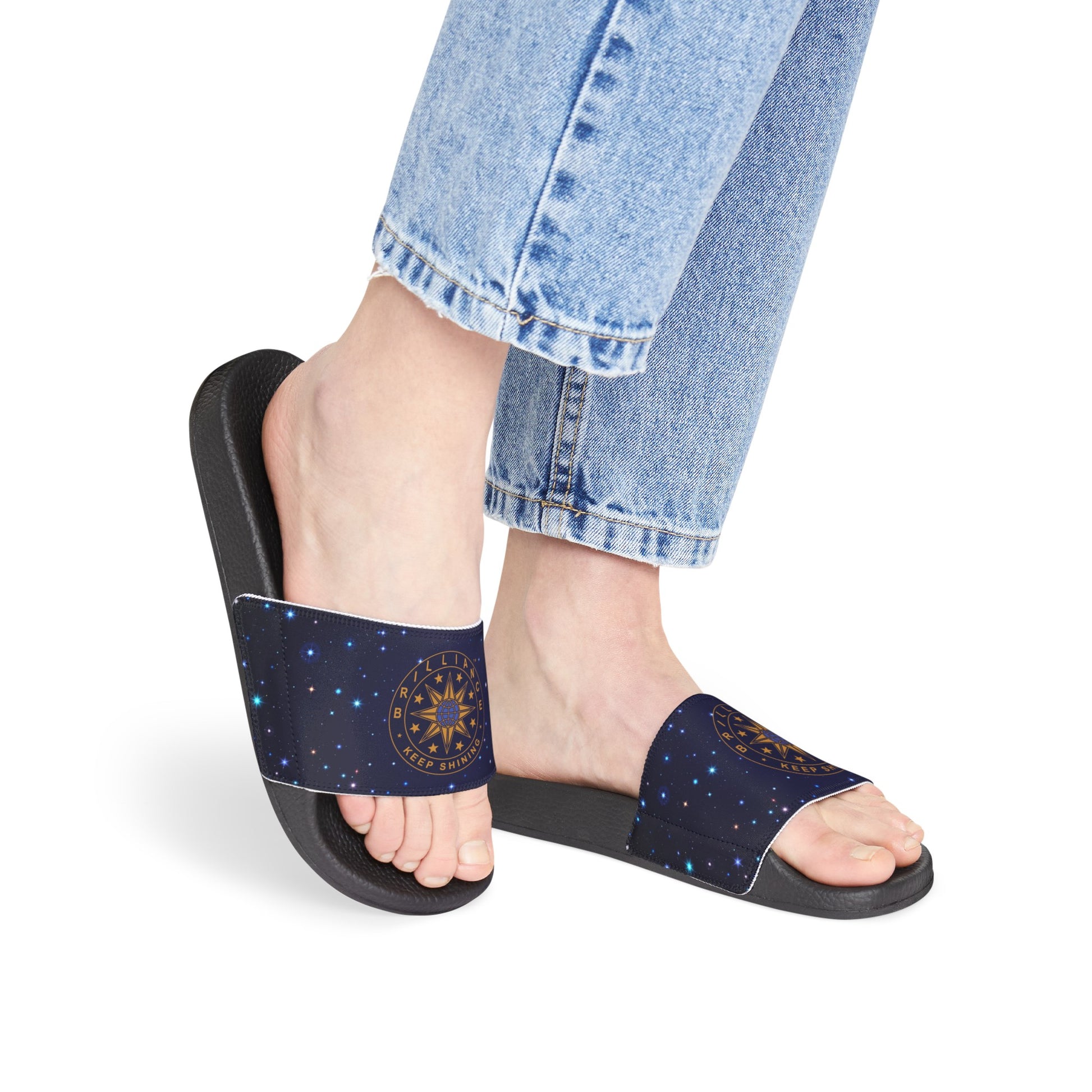 Brilliance Women's PU Slide Sandals with Starry Night Print and Logo Black Outsole Slant with Model