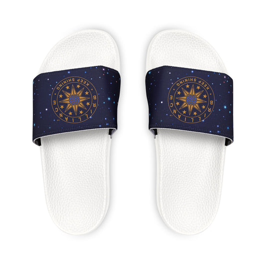 Brilliance Women's PU Slide Sandals with Starry Night Print and Logo White Outsole Front