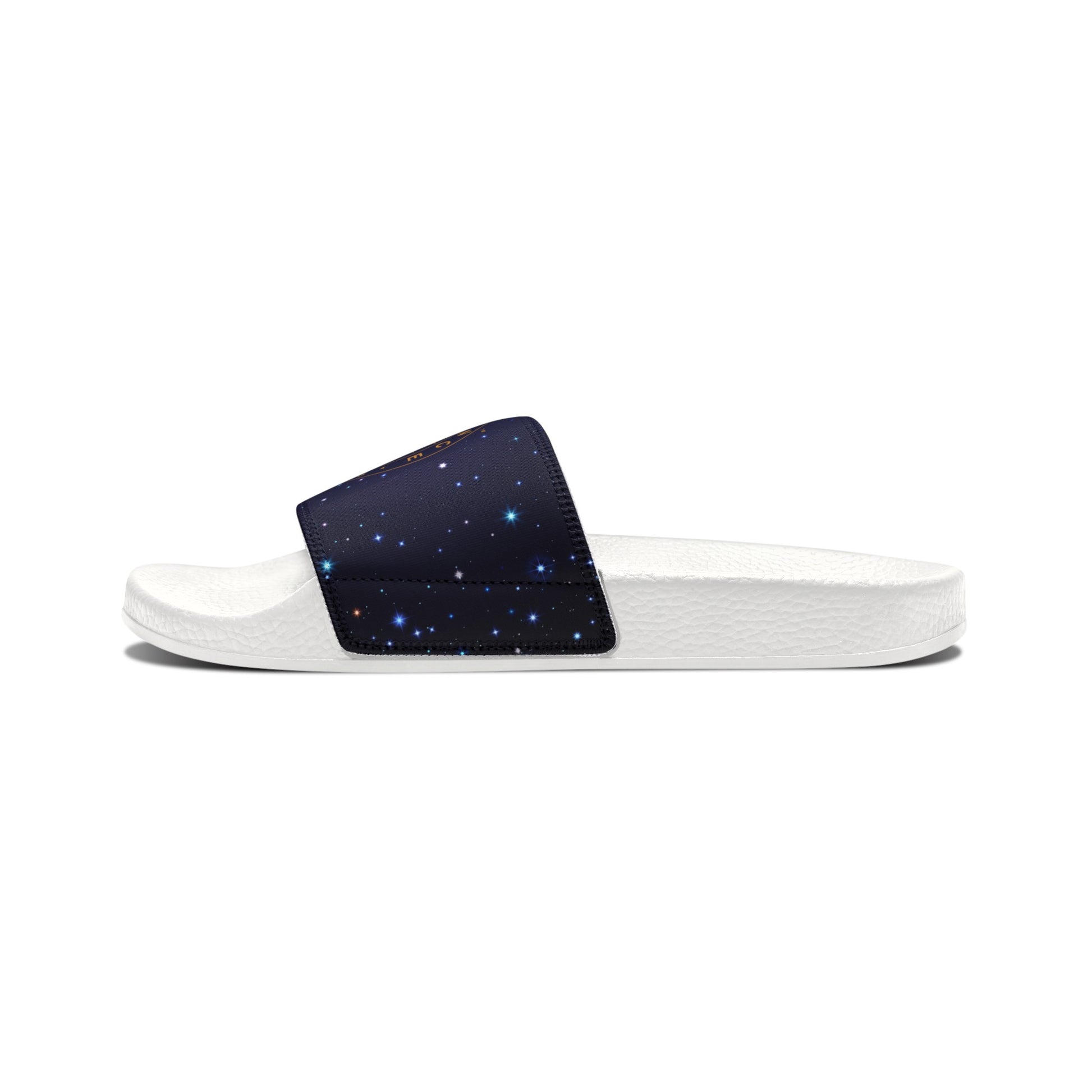 Brilliance Women's PU Slide Sandals with Starry Night Print and Logo White Outsole Left Outside