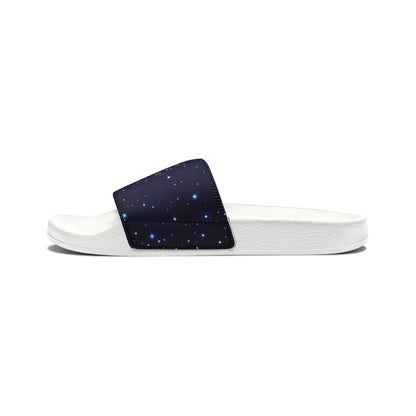 Brilliance Women's PU Slide Sandals with Starry Night Print and Logo White Outsole Left Outside