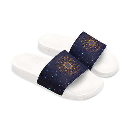Brilliance Women's PU Slide Sandals with Starry Night Print and Logo White Outsole Slant