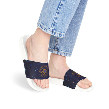 Brilliance Women's PU Slide Sandals with Starry Night Print and Logo White Outsole Slant with Model