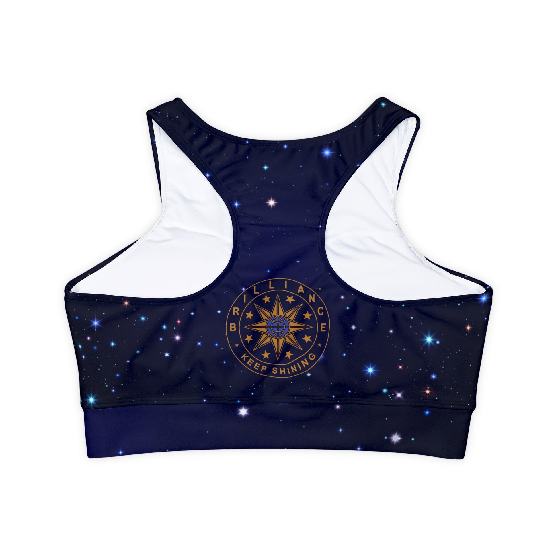 Brilliance Women's Padded Sports Bra Fully Lined w/ Starry Night Print and Logo Back Side