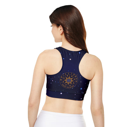 Brilliance Women's Padded Sports Bra Fully Lined w/ Starry Night Print and Logo Back Side with Model