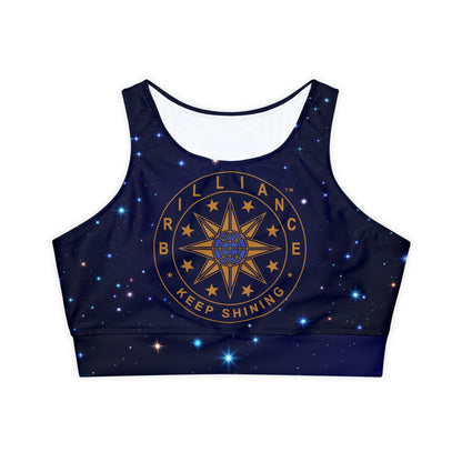 Brilliance Women's Padded Sports Bra Fully Lined w/ Starry Night Print and Logo Front Side