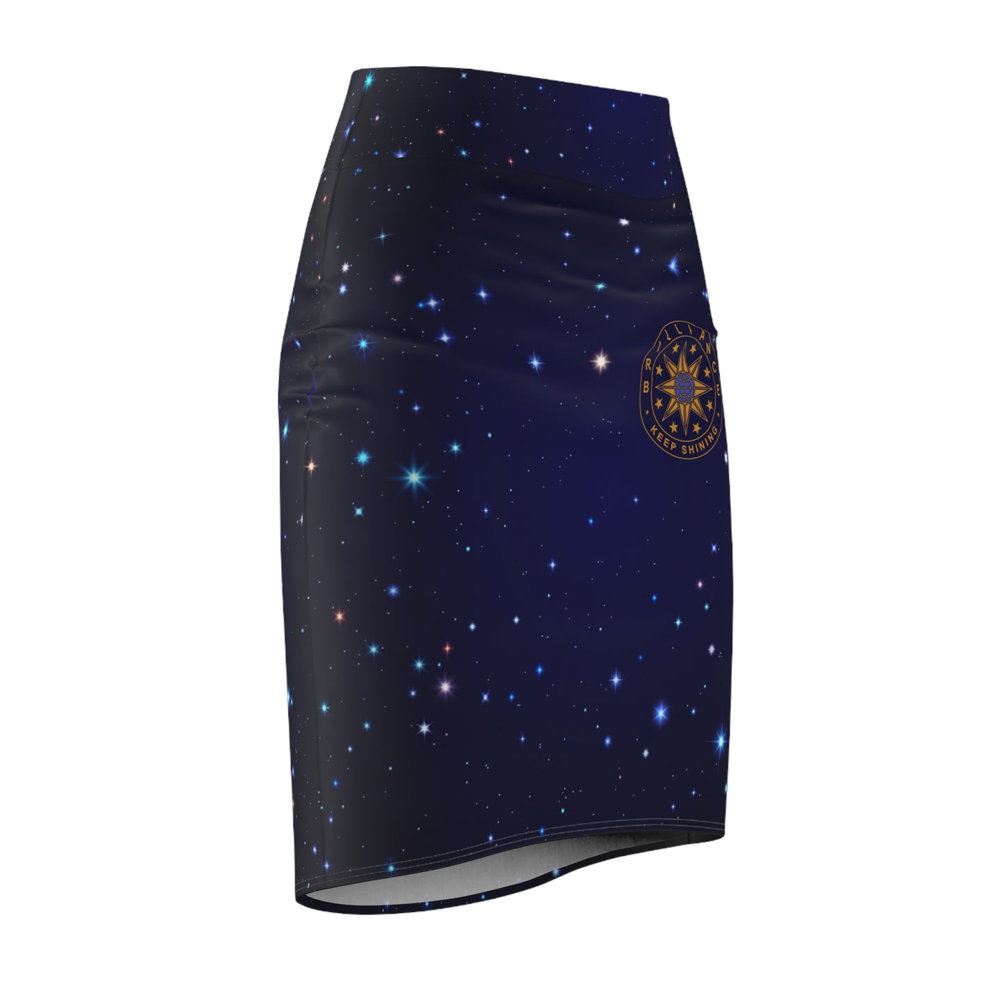 Brilliance Women's Pencil Skirt with Starry Night Print and Logo Front Right Side