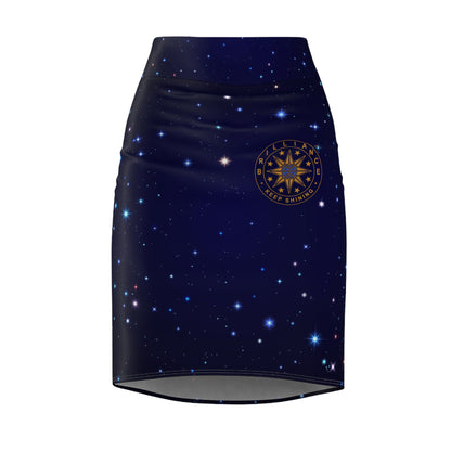 Brilliance Women's Pencil Skirt with Starry Night Print and Logo Front Side