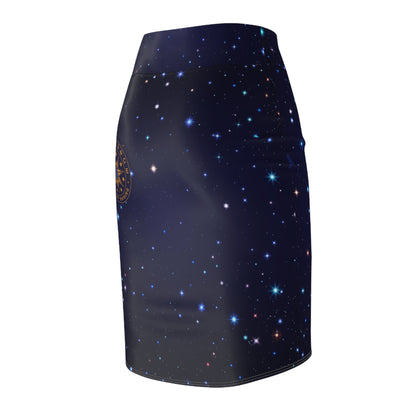 Brilliance Women's Pencil Skirt with Starry Night Print and Logo Right Back Side
