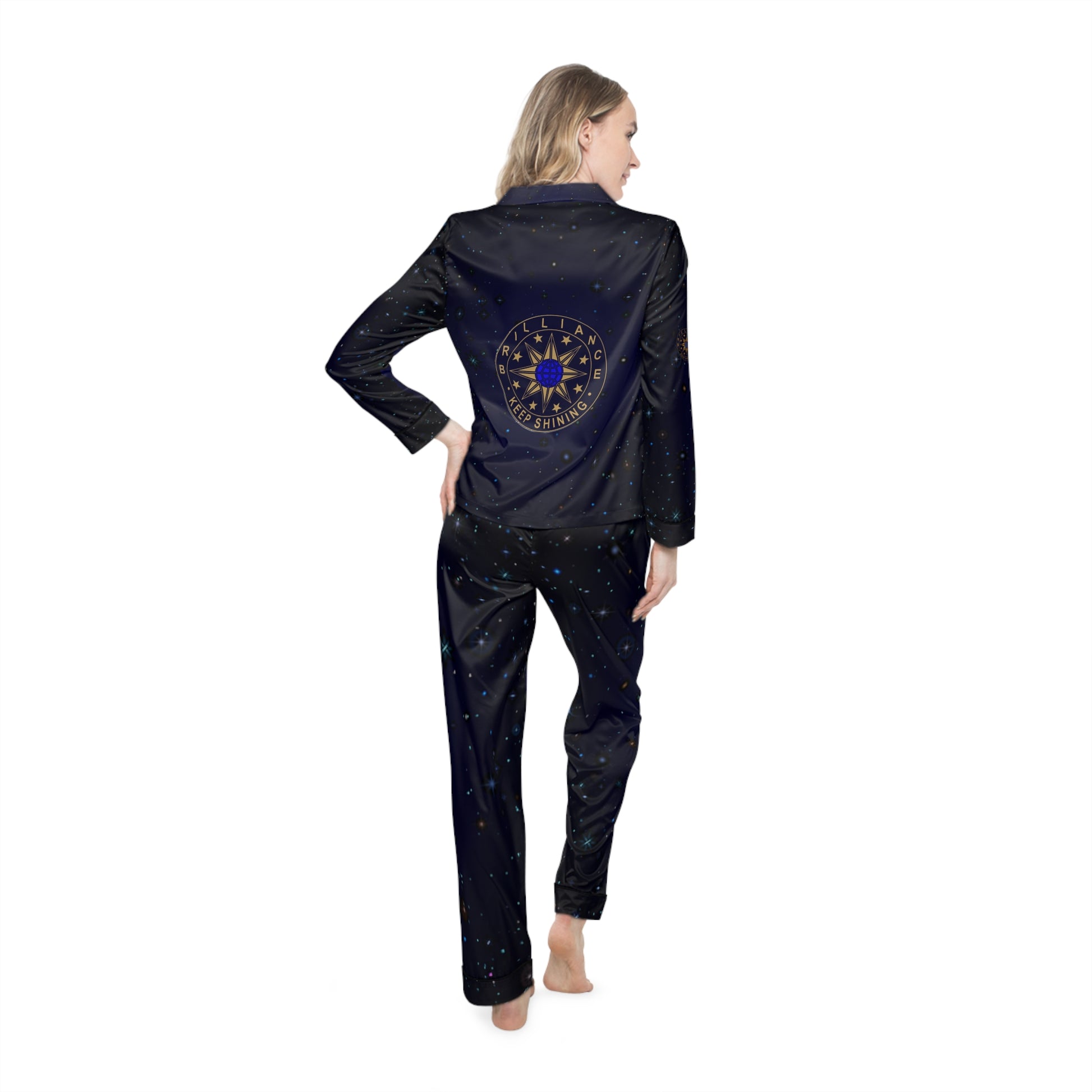 Brilliance Women's Satin Pajamas with Starry Print & Brilliance Logo with Model Back Side 