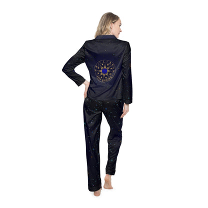 Brilliance Women's Satin Pajamas with Starry Print & Brilliance Logo with Model Back Side 