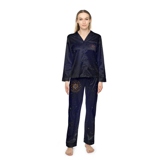 Brilliance Women's Satin Pajamas with Starry Print & Brilliance Logo with Model Front Side 