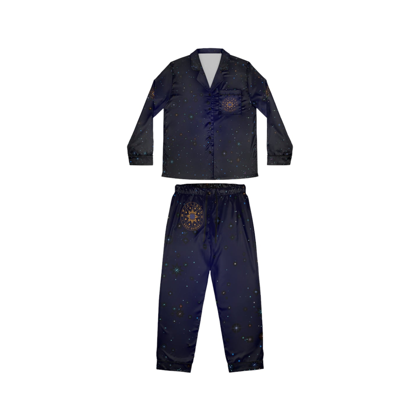 Brilliance Women's Satin Pajamas with Starry Print & Brilliance Logo with Model Front Side no Model