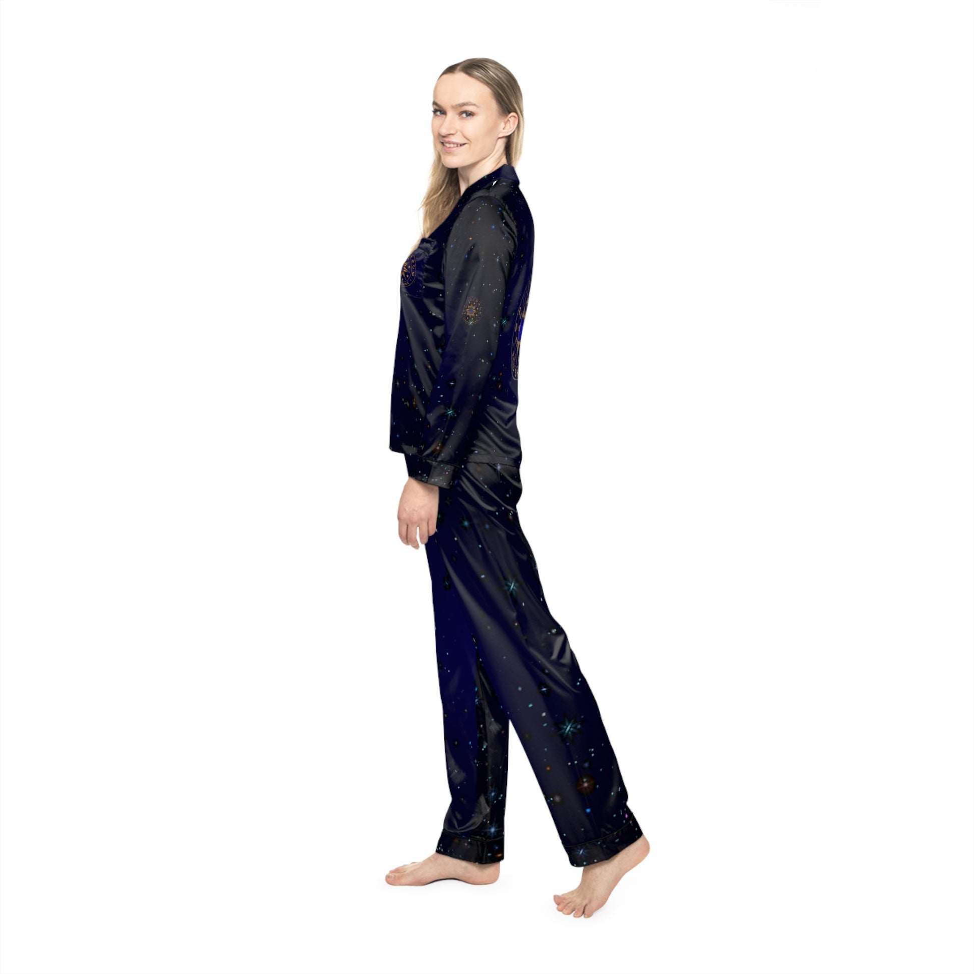 Brilliance Women's Satin Pajamas with Starry Print & Brilliance Logo with Model Left Side 