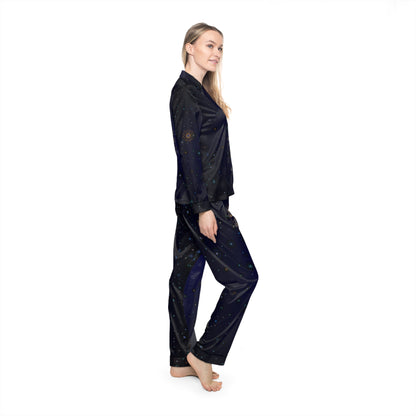 Brilliance Women's Satin Pajamas with Starry Print & Brilliance Logo with Model Right Side 