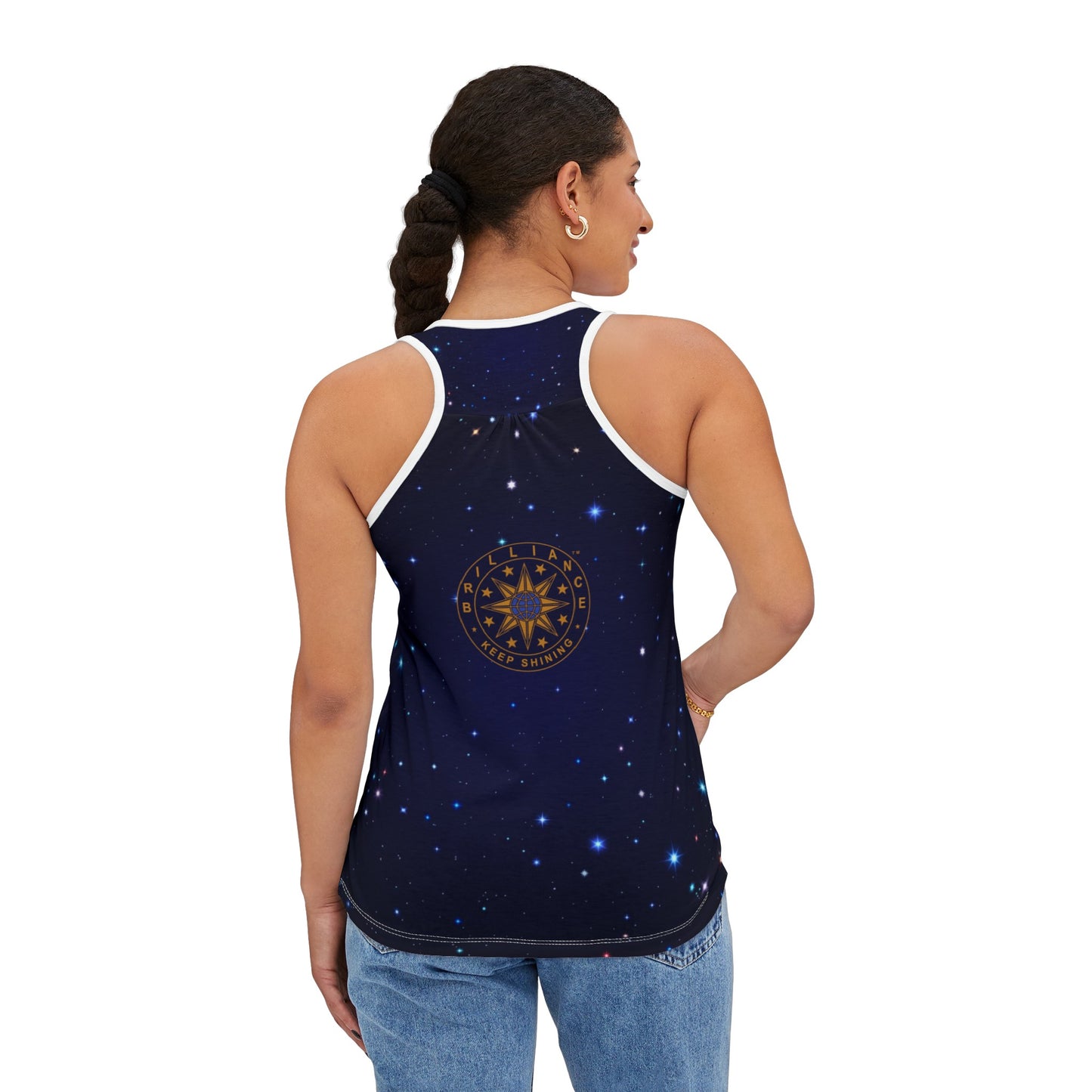 Brilliance Women's Tank Top with Starry Night Print and Logo Back Side View White Sticthing with Model