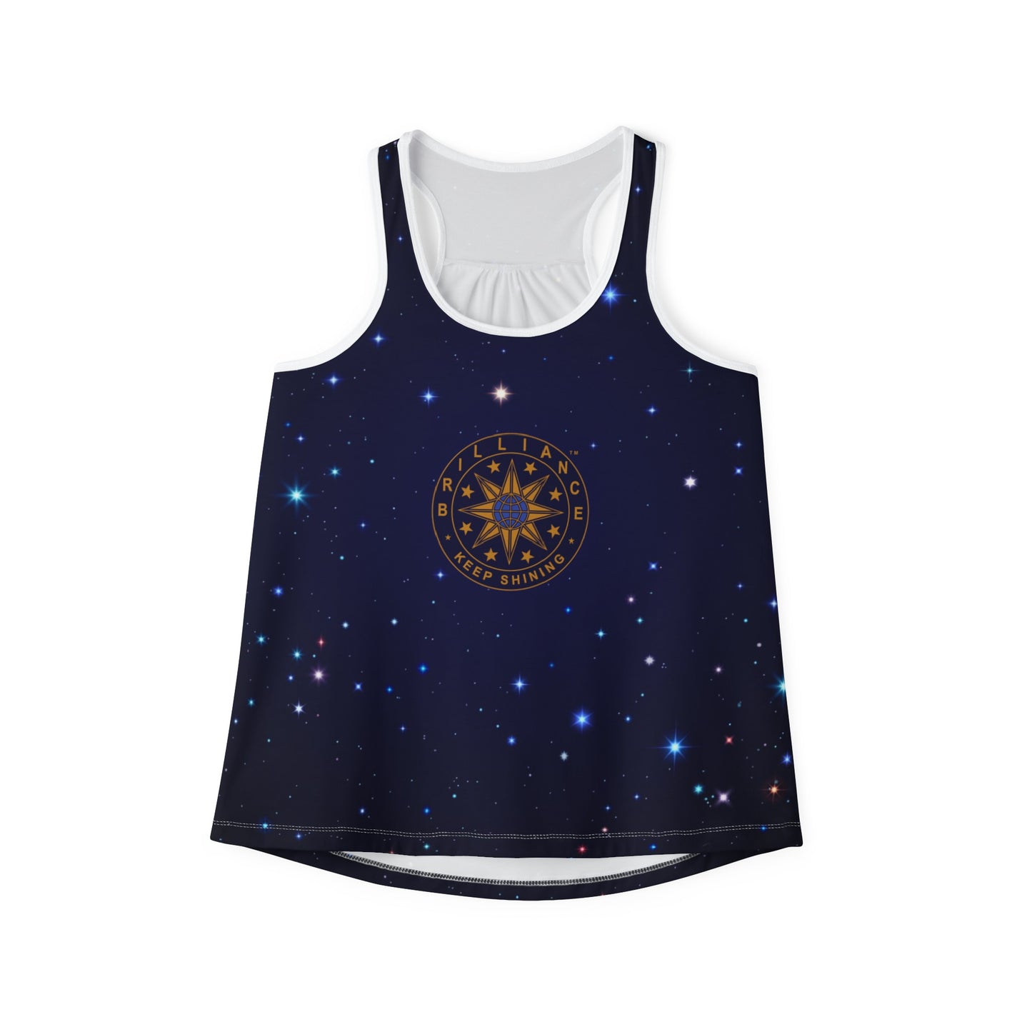 Brilliance Women's Tank Top with Starry Night Print and Logo Front Side View White Sticthing