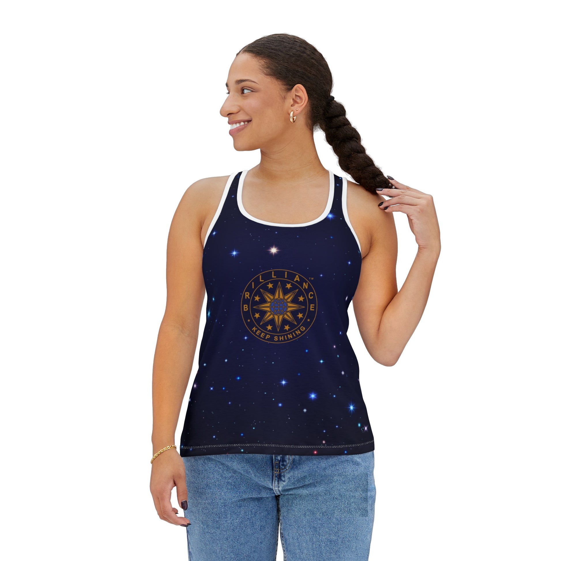 Brilliance Women's Tank Top with Starry Night Print and Logo Front Side View White Sticthing with Model