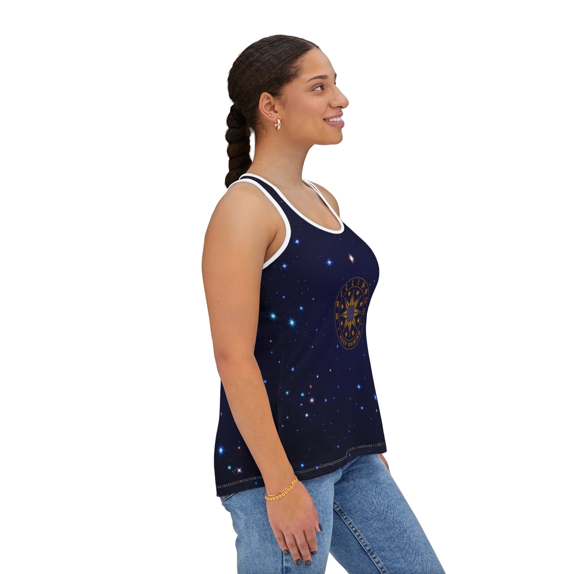 Brilliance Women's Tank Top with Starry Night Print and Logo Right Side View White Sticthing with Model