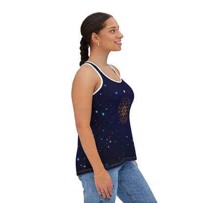 Brilliance Women's Tank Top with Starry Night Print and Logo Right Side View White Sticthing with Model